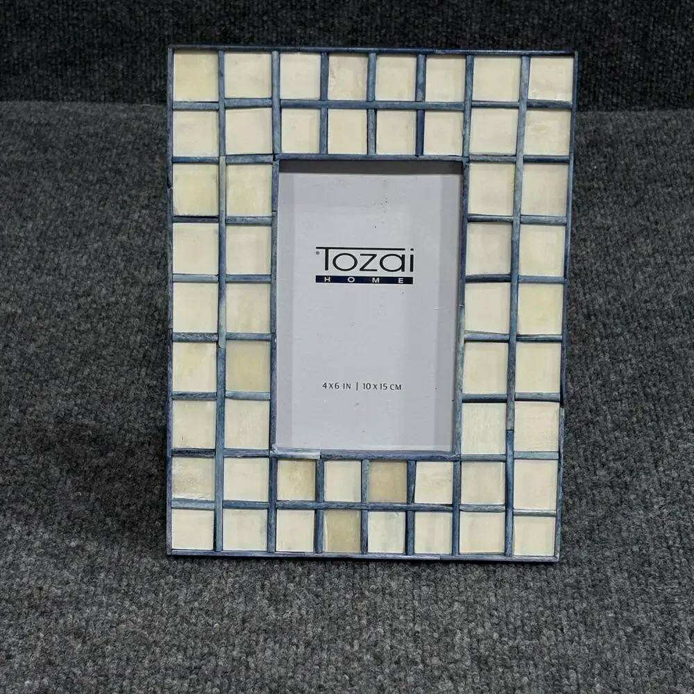 Tozai Home Photo Frame 4x6 Mosaic Tile Beige Blue Handmade India Wood Ornate
